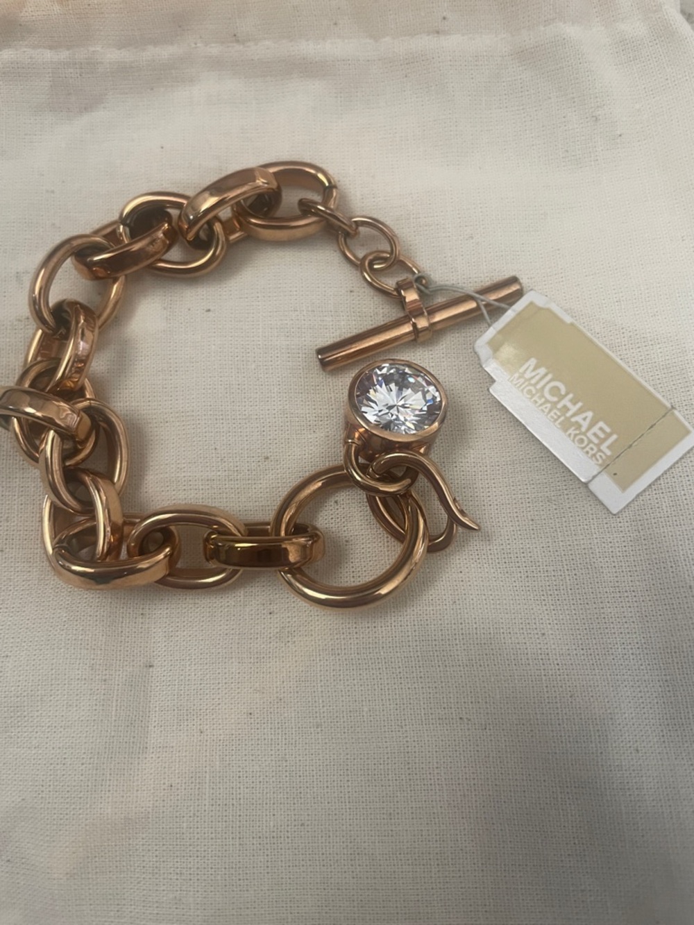 Michael Kors Rose Gold Toned Chunky Chain Bracelet with Crystal Drop